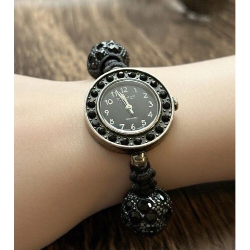 Ashley Black Hematite Beads Crystals Black Band Watch Adjustable String